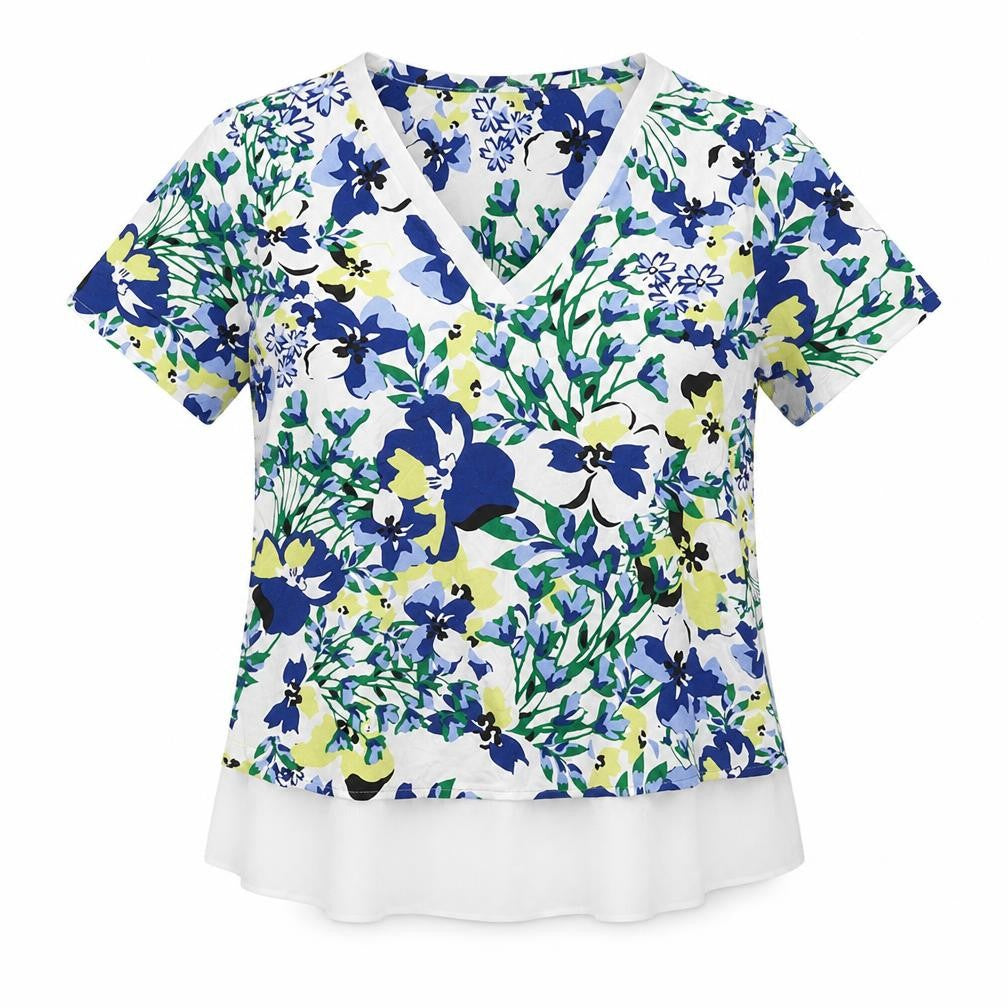 Front view of Marks & Spencer women’s multicoloured floral viscose basic blouse, size UK 8, round neck