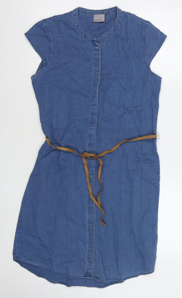 VERO MODA Womens Blue Cotton Shift Size M Round Neck Snap