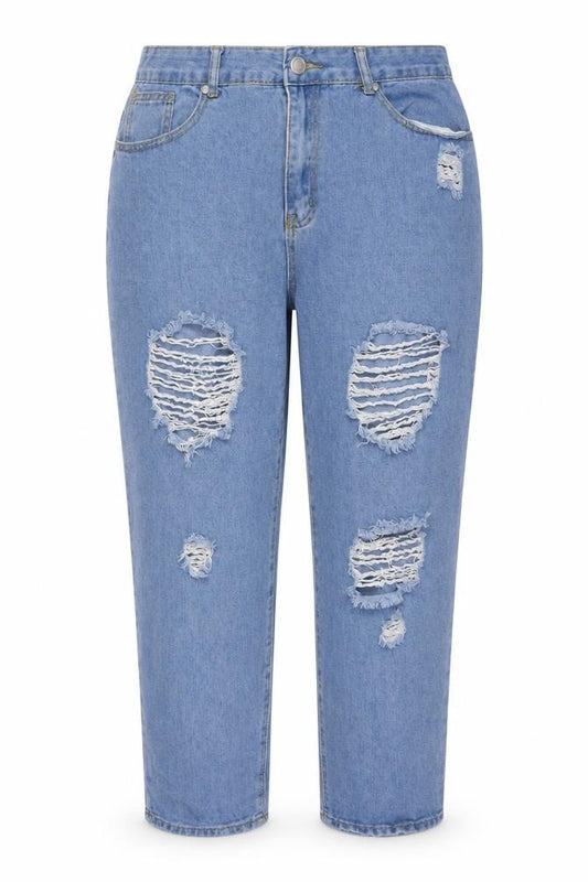 Front view of Boohoo women’s blue cotton mom jeans, size UK 16, 28-inch leg regular zip