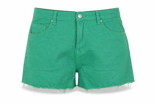 Front view of Urban Revivo women’s green cotton bermuda shorts, size UK 14, regular button - raw hem