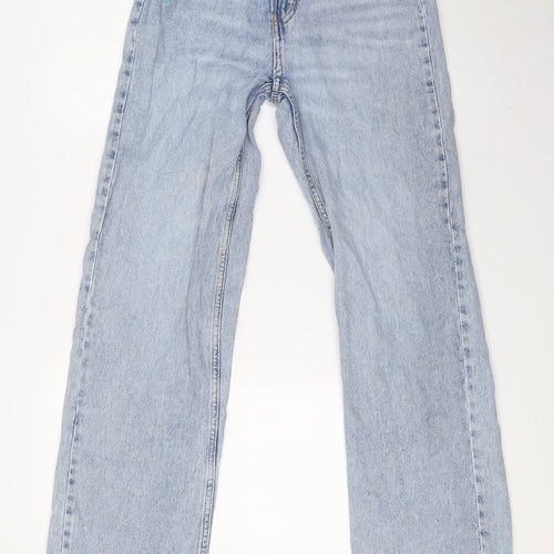 &Denim Womens Blue Cotton Wide-Leg Jeans Size 8 L31 in Regular Button - Raw Hem