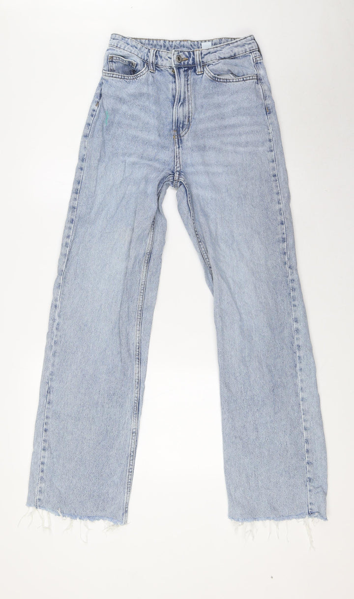 &Denim Womens Blue Cotton Wide-Leg Jeans Size 8 L31 in Regular Button - Raw Hem