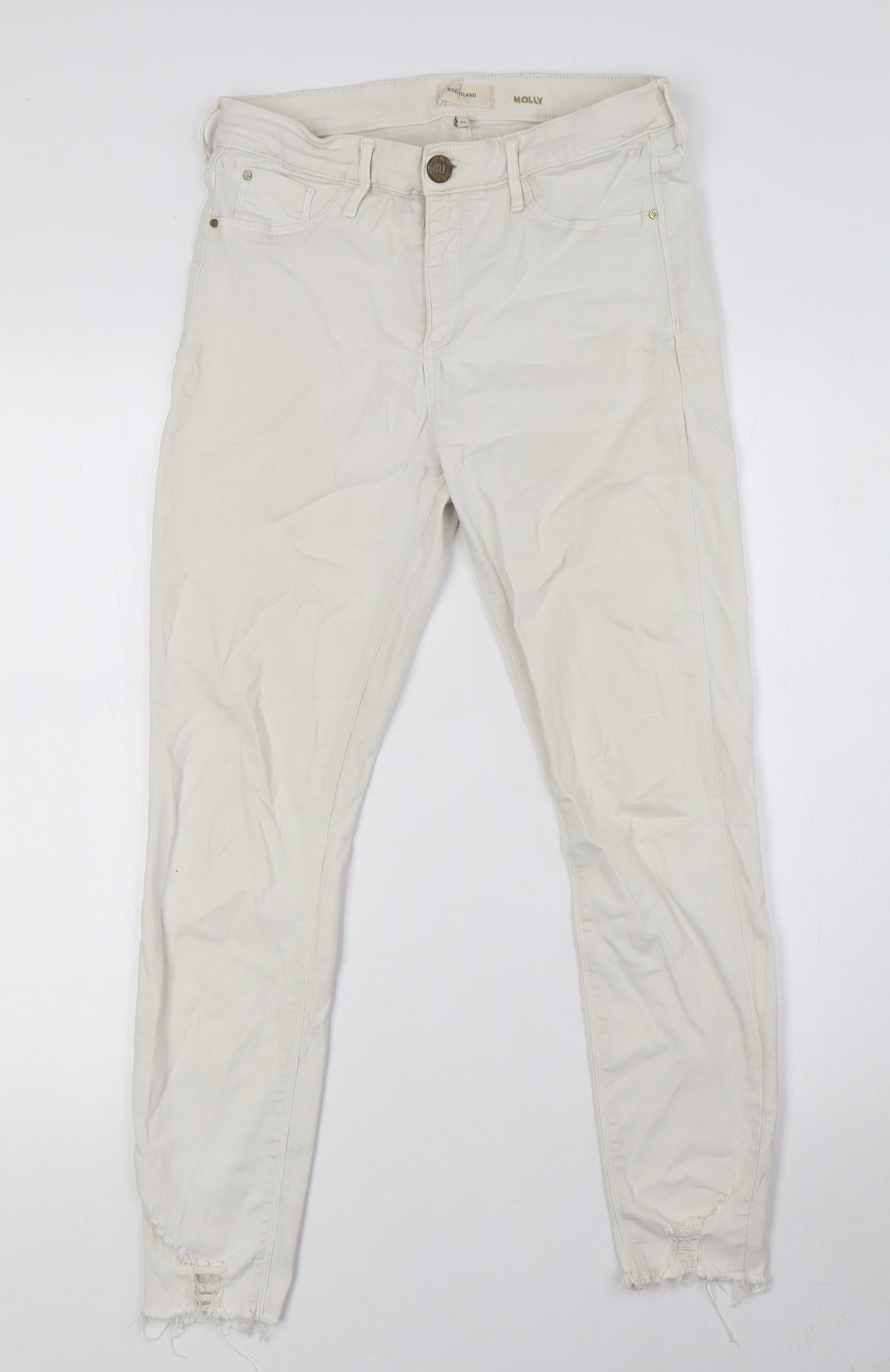 River Island Womens Ivory Cotton Skinny Jeans Size 12 L29 in Regular Button - Raw Hem