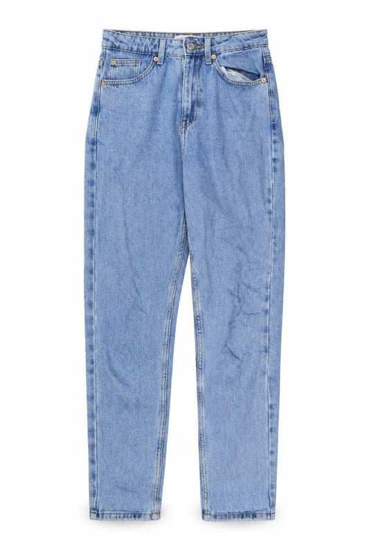 Front view of Denim Co women’s blue cotton mom jeans, size UK 8, 30-inch leg regular button