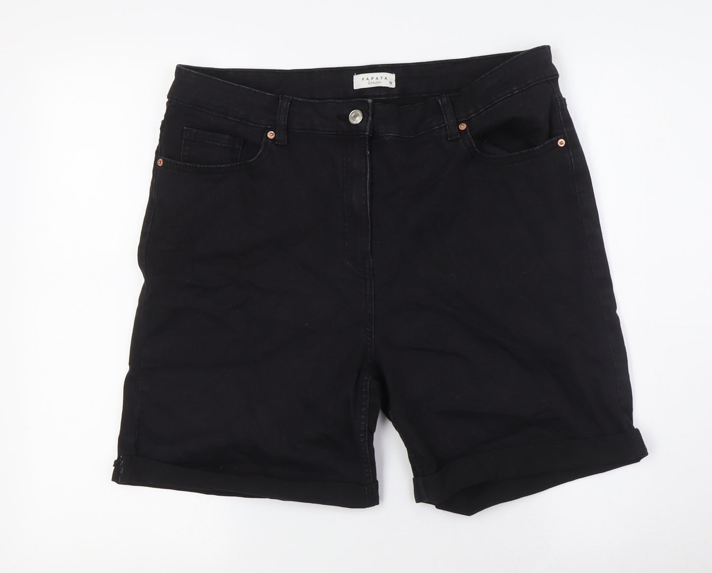 Papaya Womens Black Cotton Basic Shorts Size 16 Regular Button - Turn Ups