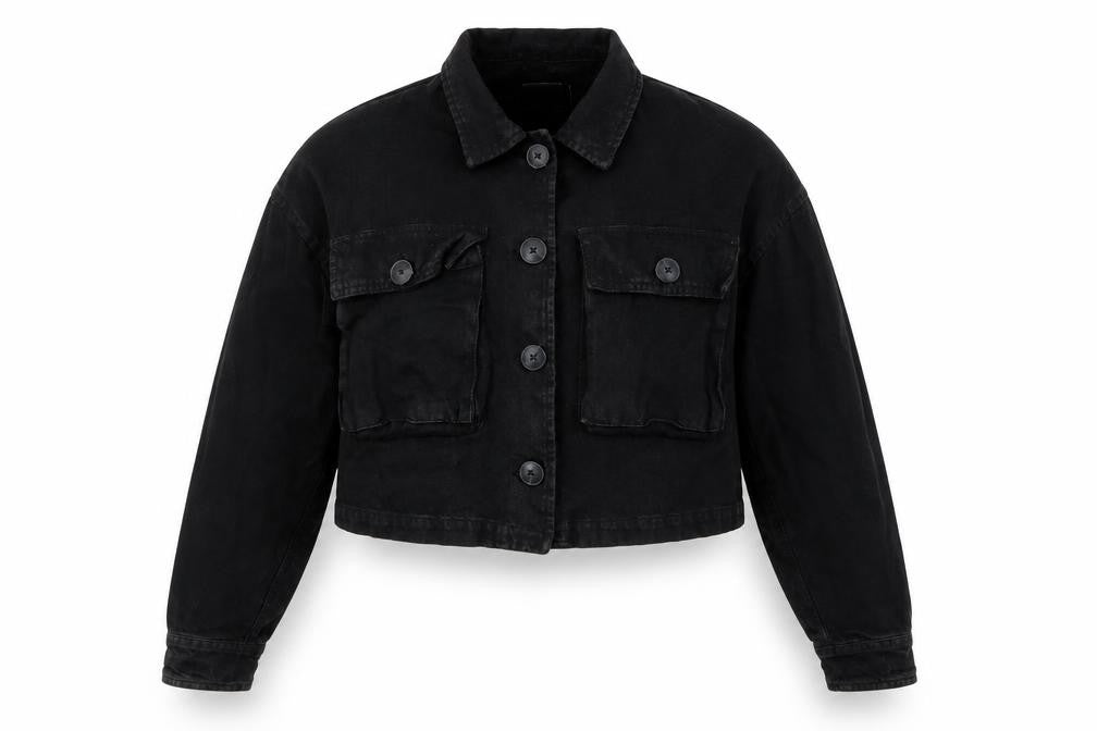 Front view of Bershka women’s black jacket, size L, button