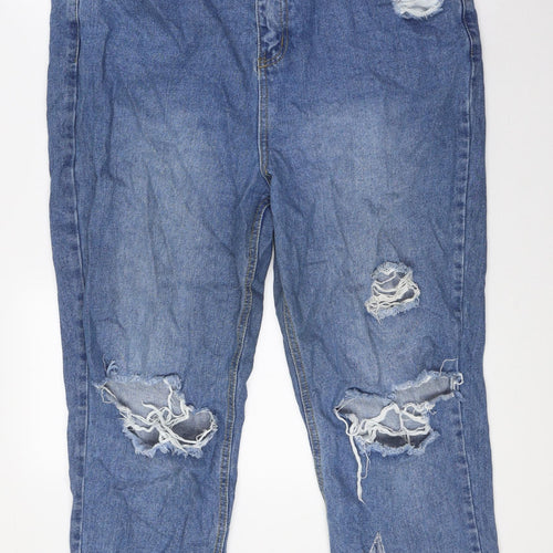 Boohoo Womens Blue Cotton Straight Jeans Size 18 L27 in Regular Button - Raw Hem