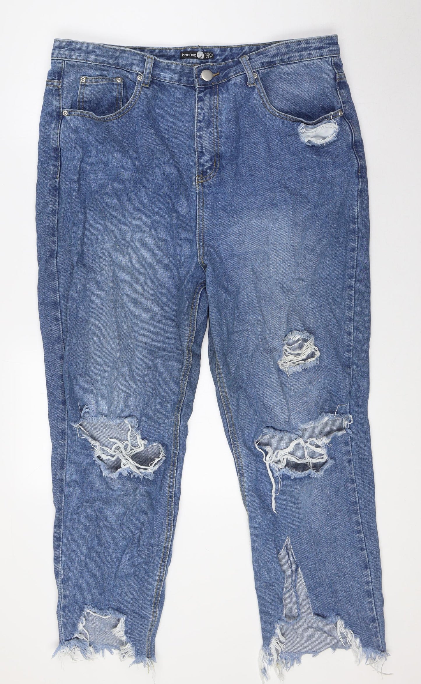 Boohoo Womens Blue Cotton Straight Jeans Size 18 L27 in Regular Button - Raw Hem