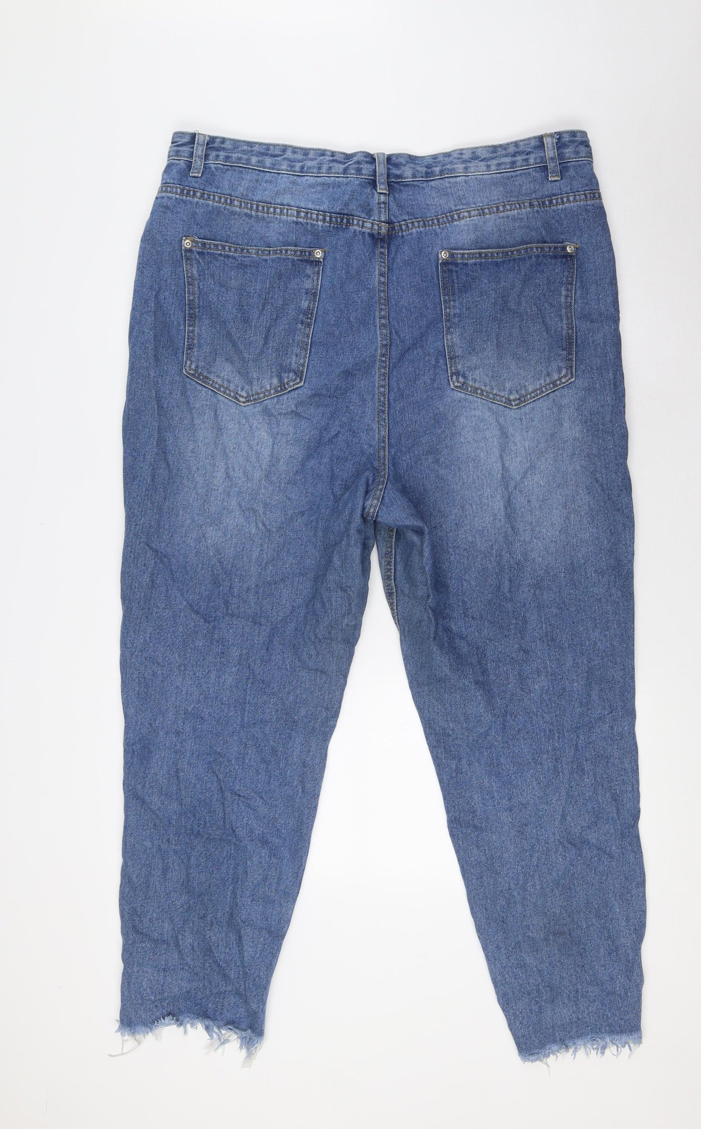 Boohoo Womens Blue Cotton Straight Jeans Size 18 L27 in Regular Button - Raw Hem