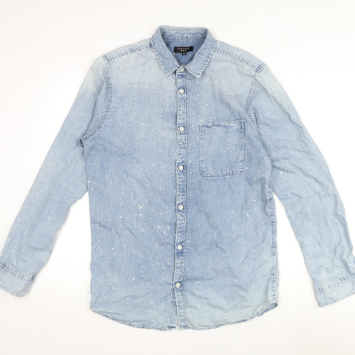 New Look Mens Blue Cotton Button-Up Size M Collared Button - Speckles Design.