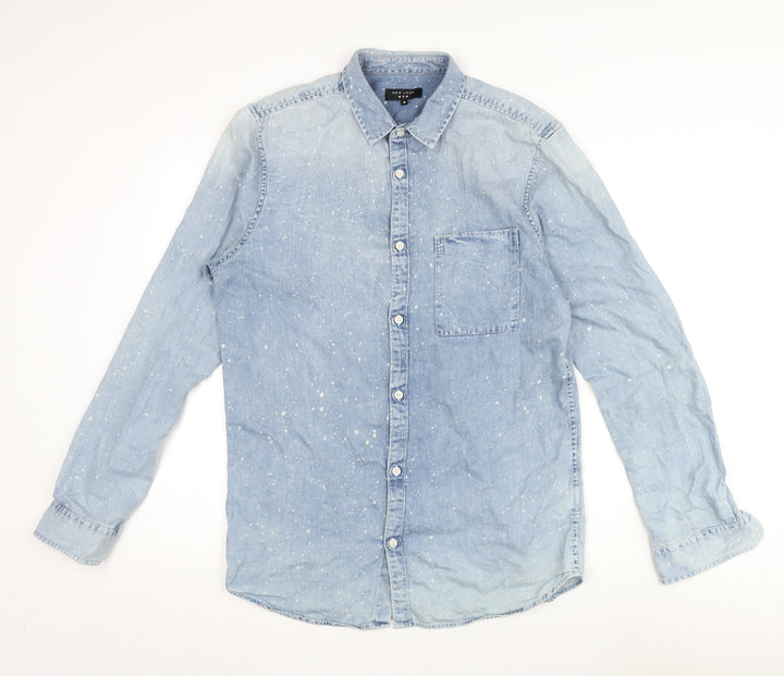 New Look Mens Blue Cotton Button-Up Size M Collared Button - Speckles Design.
