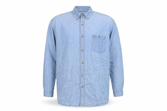 Front view of Cotton Traders men’s blue cotton button-up, size 18, collared button