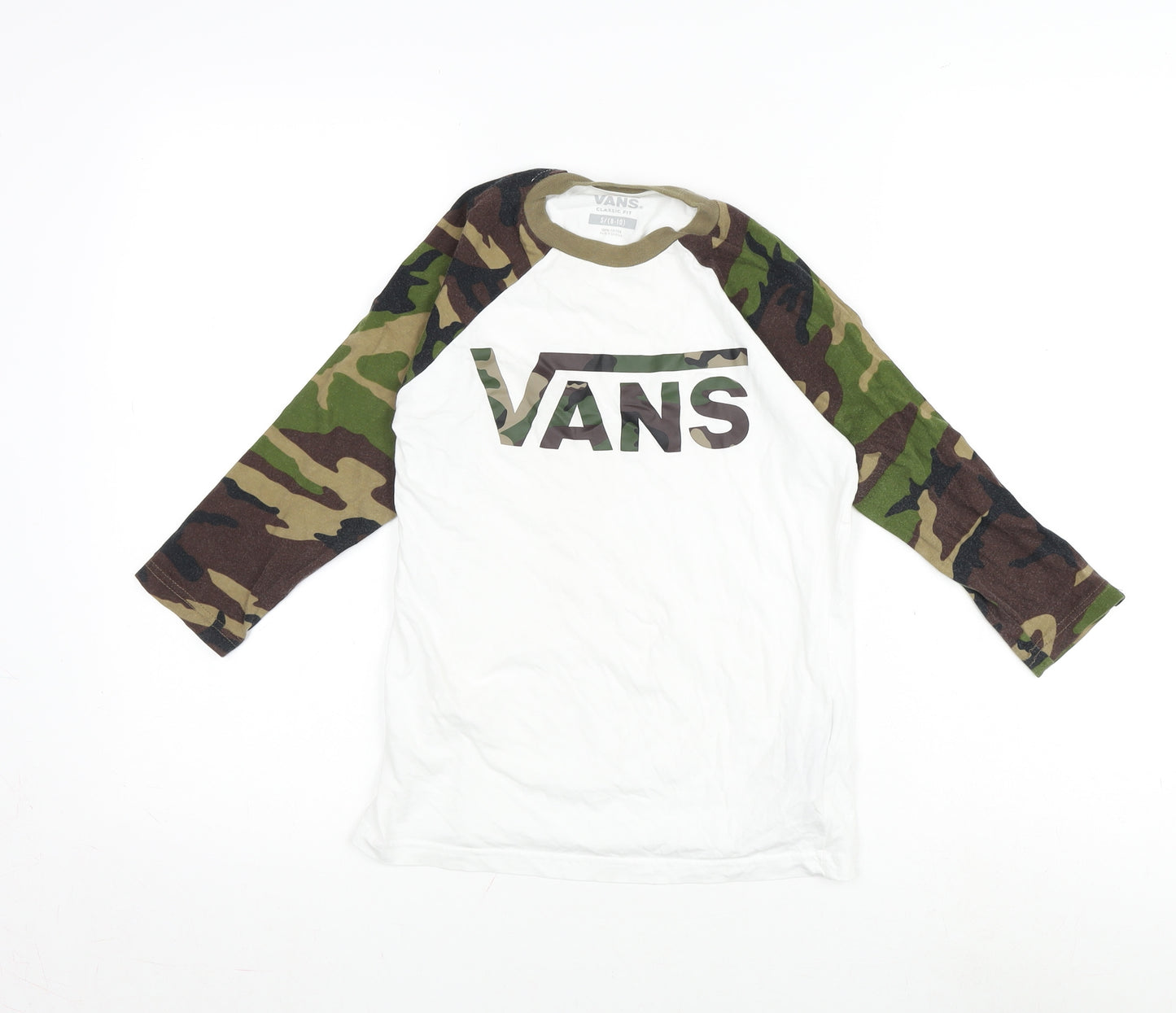 VANS Boys White Camouflage Cotton Ringer T-Shirt Size 8-9 Years Crew Neck - Vans