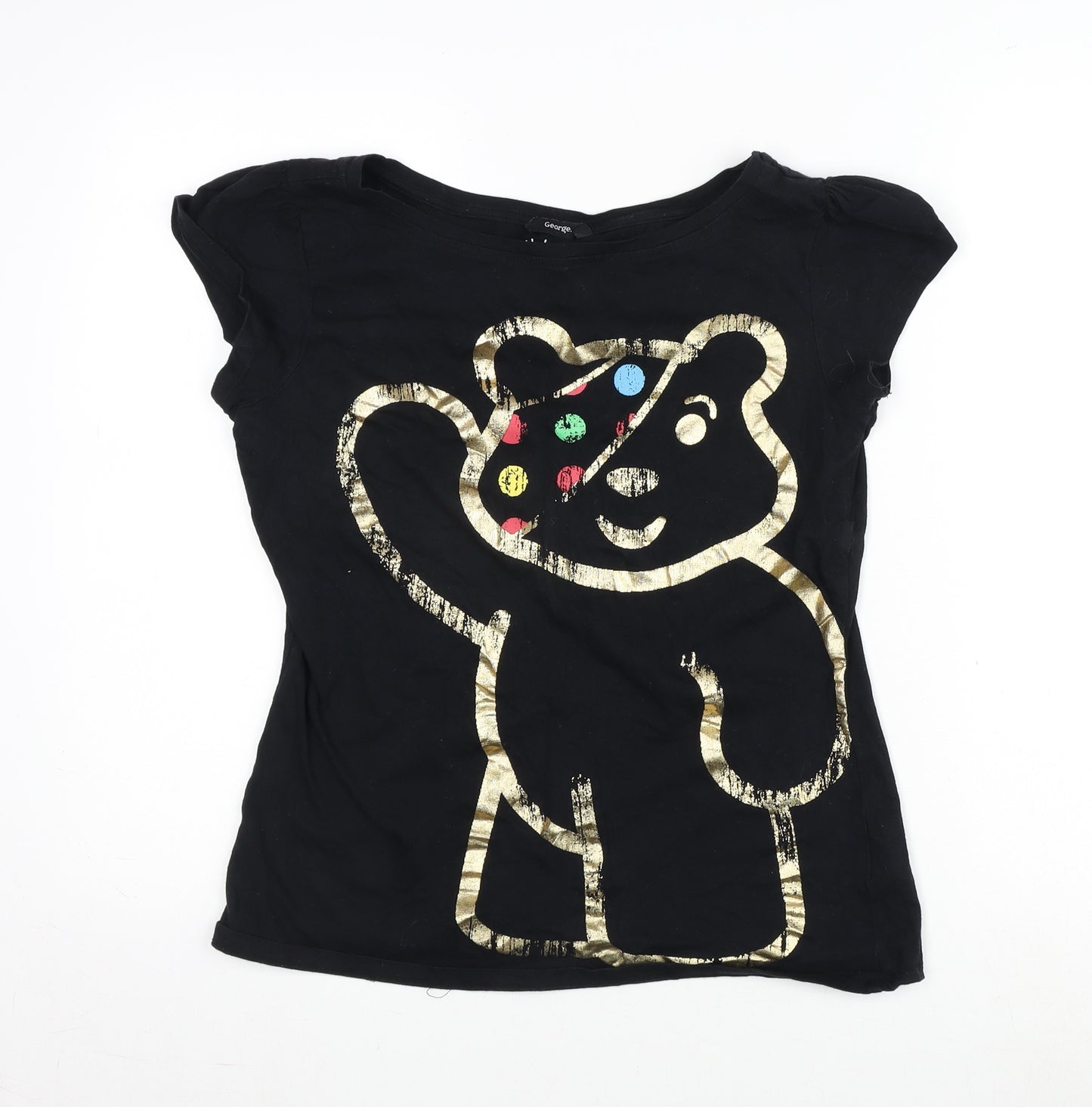 George Womens Black Cotton Ringer T-Shirt Size 14 Crew Neck - Children In need