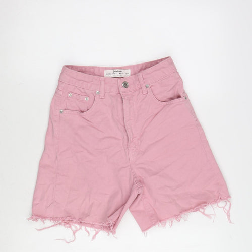 Stradivarius Womens Pink Cotton Cut-Off Shorts Size 6 Regular Tie