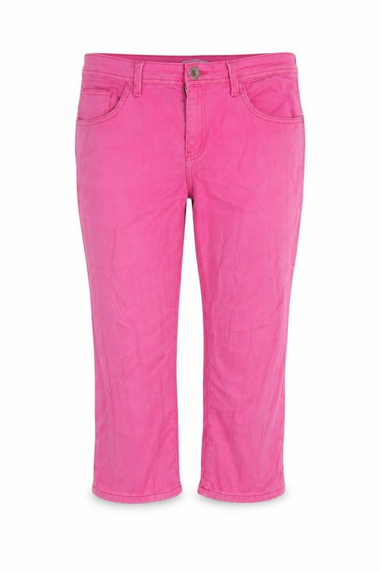 Front view of Mimosa women’s pink cotton blend cropped jeans, size UK 14, 20-inch leg regular zip