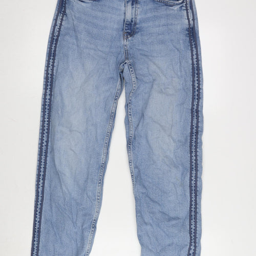 Marks and Spencer Womens Blue Cotton Blend Straight Jeans Size 8 L28.5 in Regular Zip - Striped Sides.