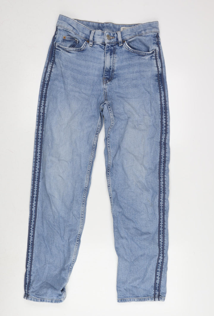 Marks and Spencer Womens Blue Cotton Blend Straight Jeans Size 8 L28.5 in Regular Zip - Striped Sides.
