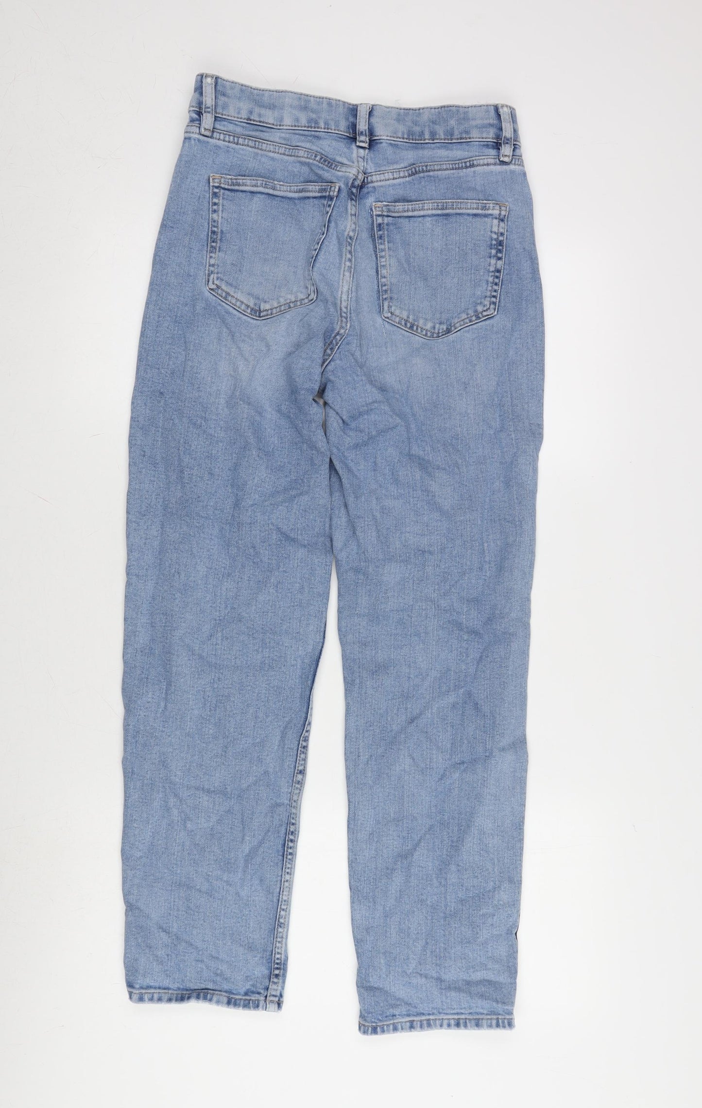 Marks and Spencer Womens Blue Cotton Blend Straight Jeans Size 8 L28.5 in Regular Zip - Striped Sides.