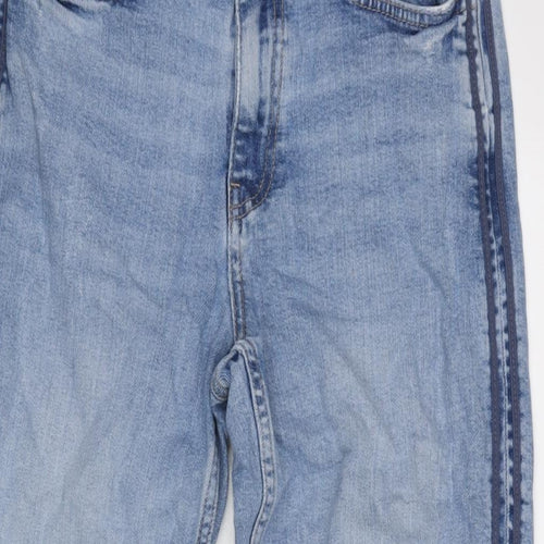Marks and Spencer Womens Blue Cotton Blend Straight Jeans Size 8 L28.5 in Regular Zip - Striped Sides.