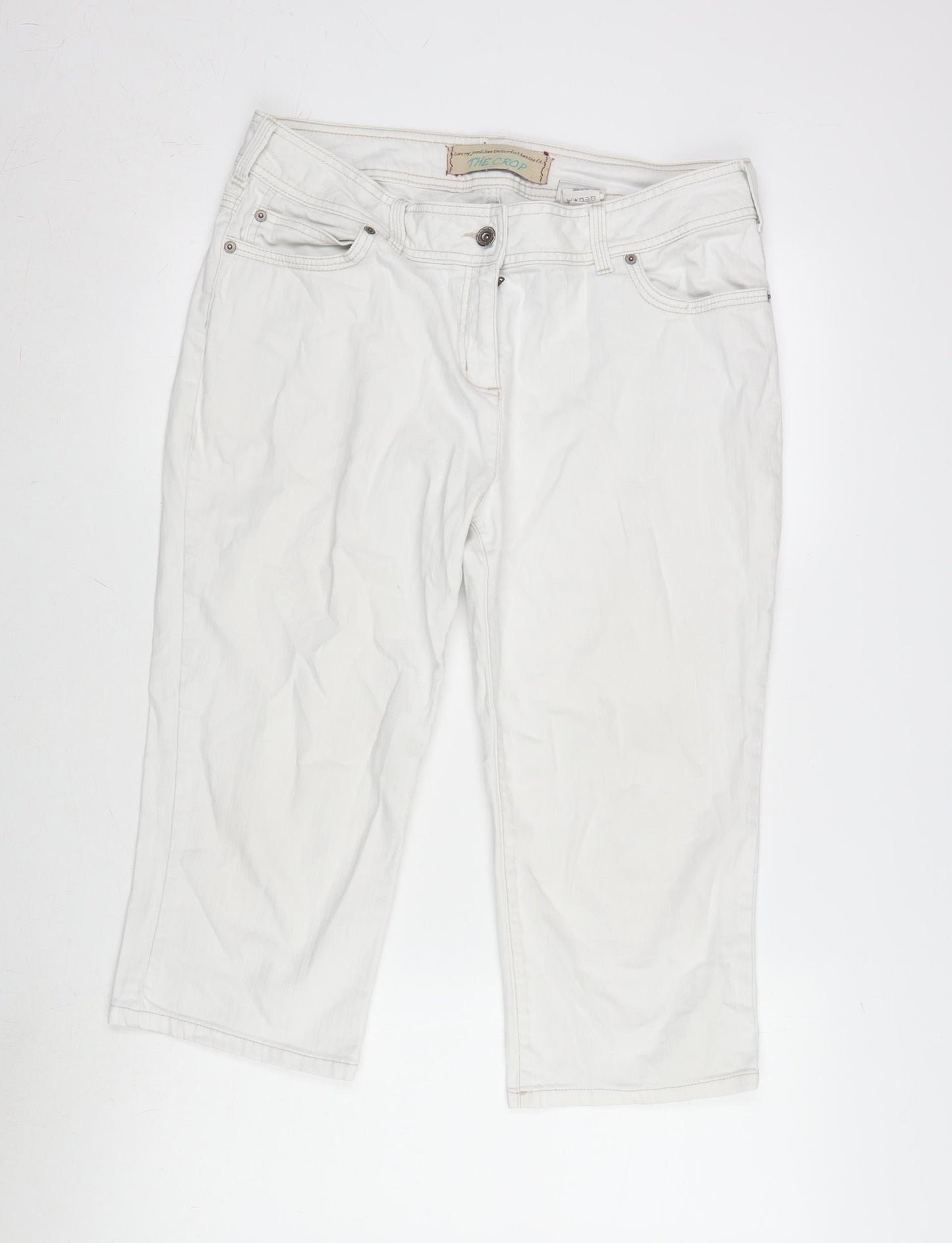 NEXT Womens Ivory Cotton Blend Cropped Jeans Size 16 L20 in Regular Zip