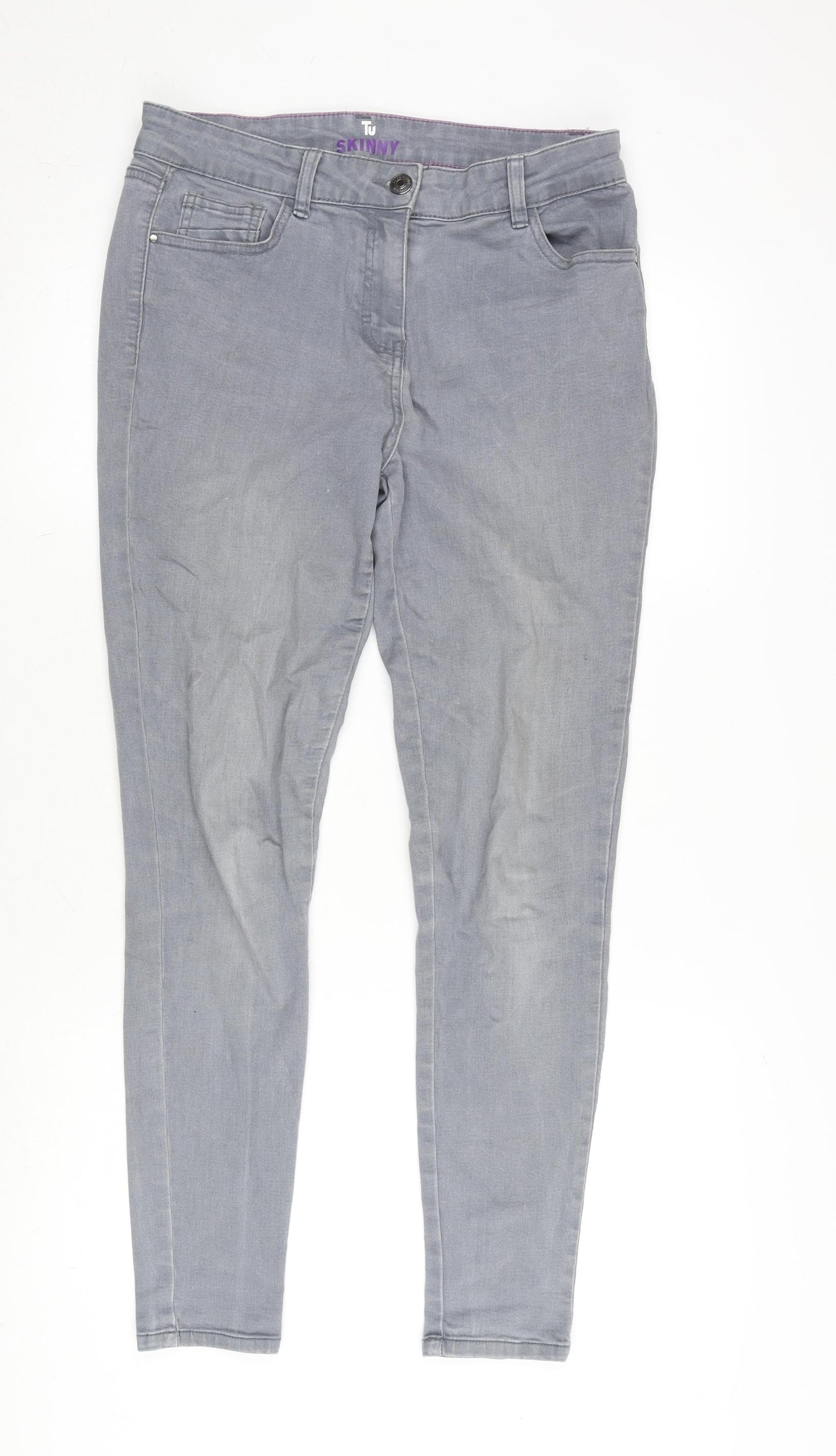 TU Womens Grey Cotton Blend Skinny Jeans Size 14 L28 in Extra-Slim Zip