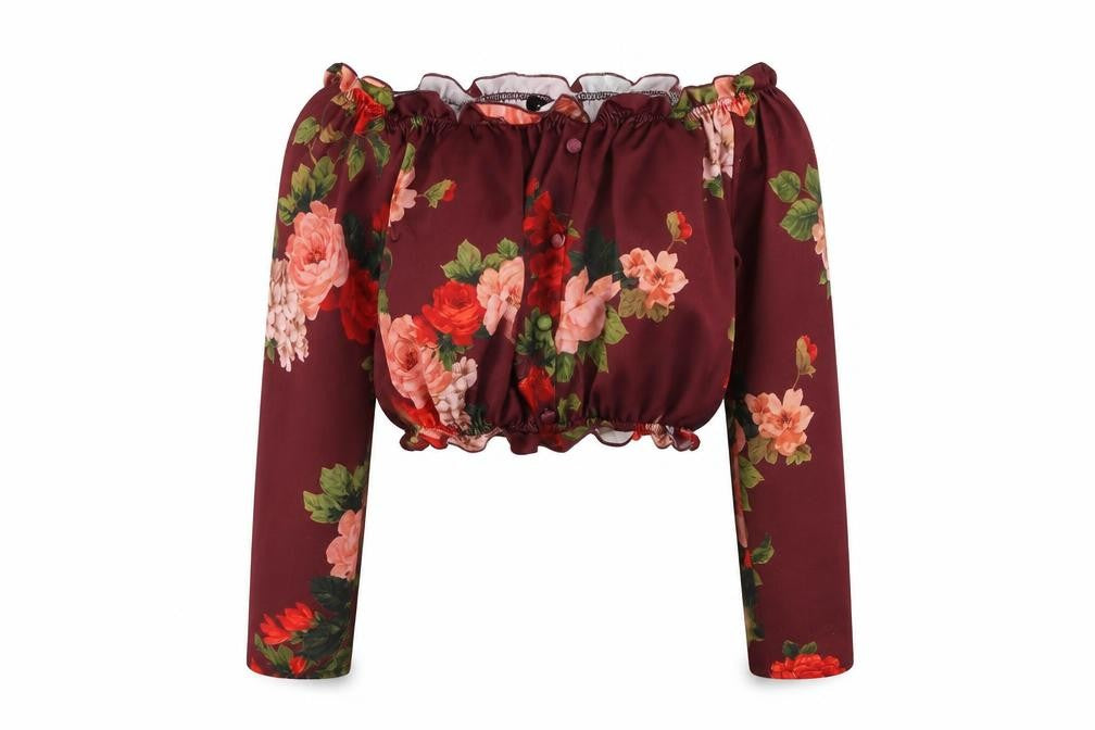 New Look Womens Red Floral Polyester Cropped Blouse Size 12 Off the Shoulder