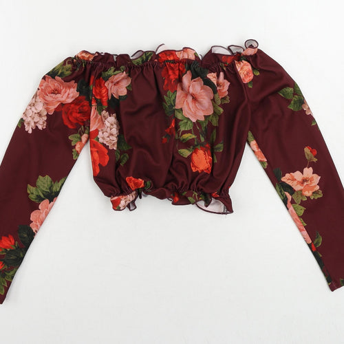 New Look Womens Red Floral Polyester Cropped Blouse Size 12 Off the Shoulder