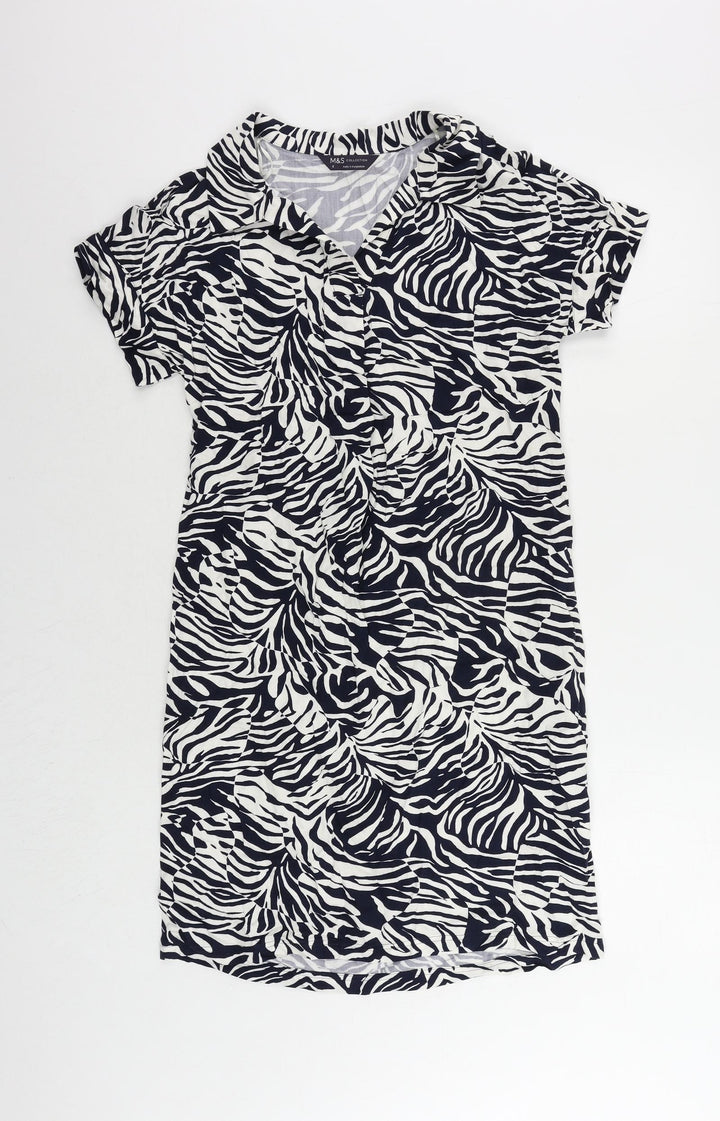 Marks and Spencer Womens Blue Animal Print Viscose Shirt Dress Size 6 Collared Pullover