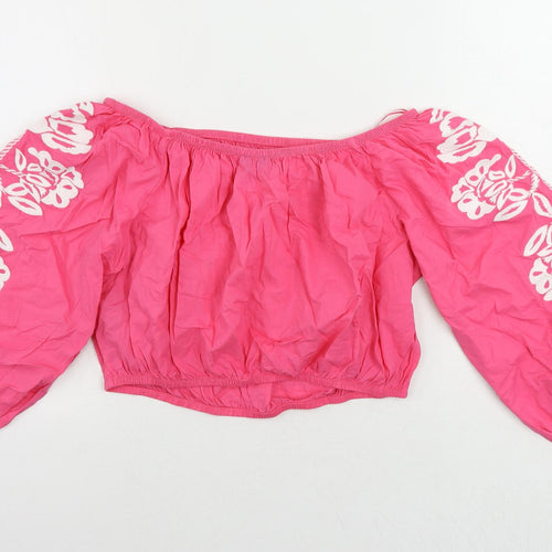 Marks and Spencer Womens Pink Cotton Cropped Blouse Size 18 Off the Shoulder - Embroidered