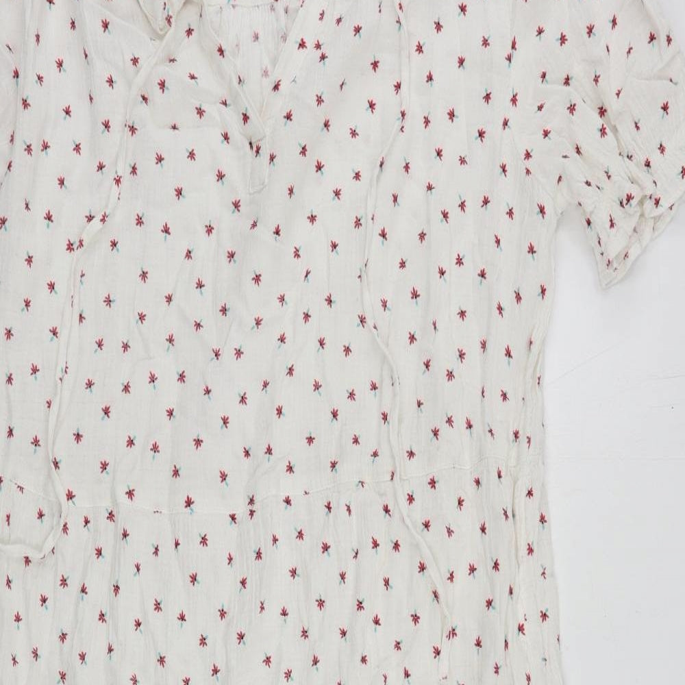 Per Una Womens White Floral Cotton A-Line Size 10 V-Neck Pullover