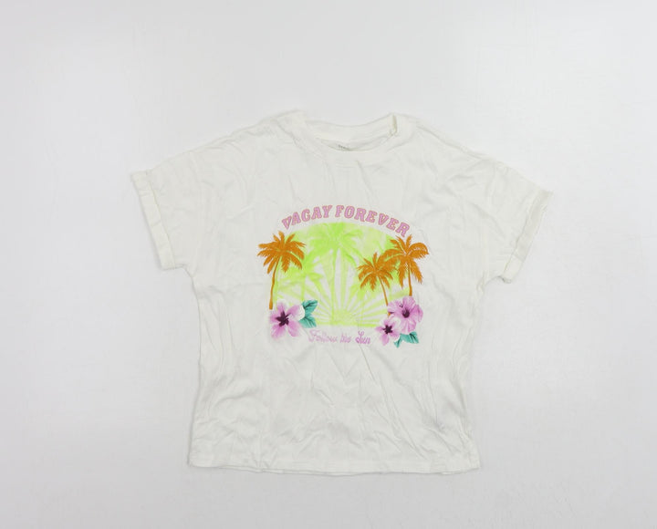 Marks and Spencer Girls White Cotton Pullover T-Shirt Size 10-11 Years Crew Neck Pullover - Vacay