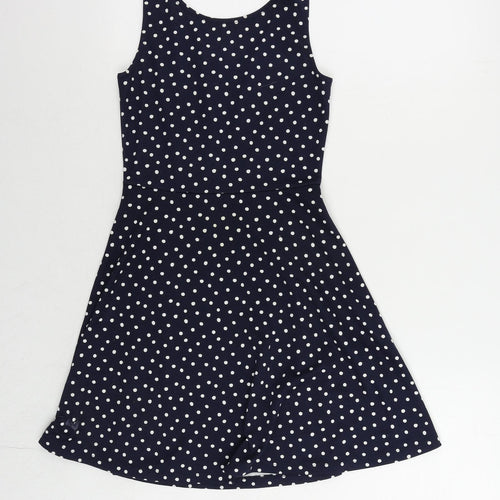 H&M Womens Blue Polka Dot Polyester Skater Dress Size 8 Scoop Neck Pullover
