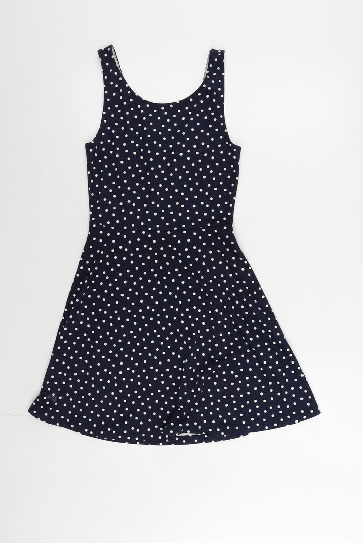 H&M Womens Blue Polka Dot Polyester Skater Dress Size 8 Scoop Neck Pullover