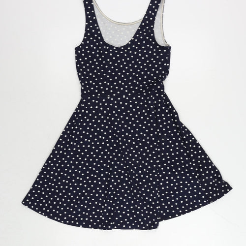 H&M Womens Blue Polka Dot Polyester Skater Dress Size 8 Scoop Neck Pullover
