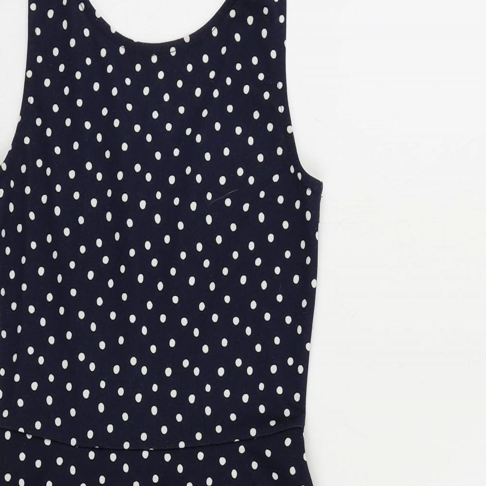 H&M Womens Blue Polka Dot Polyester Skater Dress Size 8 Scoop Neck Pullover