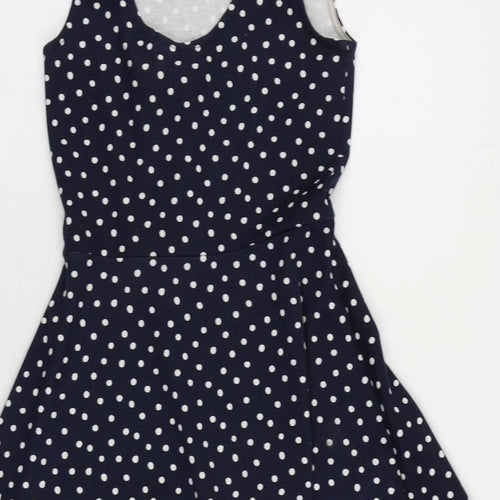 H&M Womens Blue Polka Dot Polyester Skater Dress Size 8 Scoop Neck Pullover