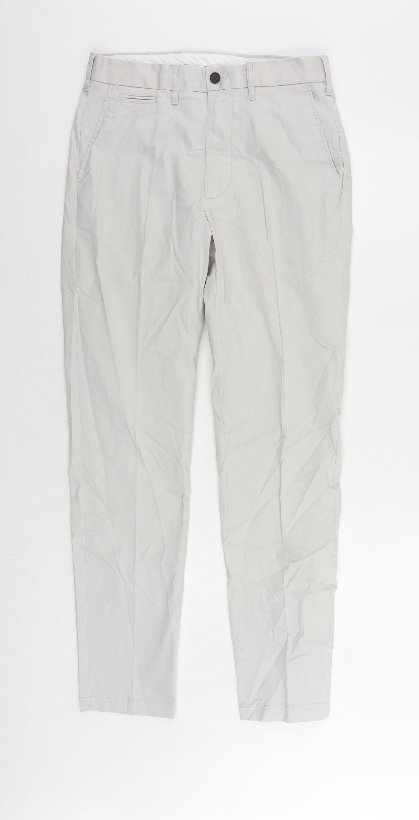 Marks and Spencer Mens Grey Cotton Chino Trousers Size 30 in L31 in Slim Zip