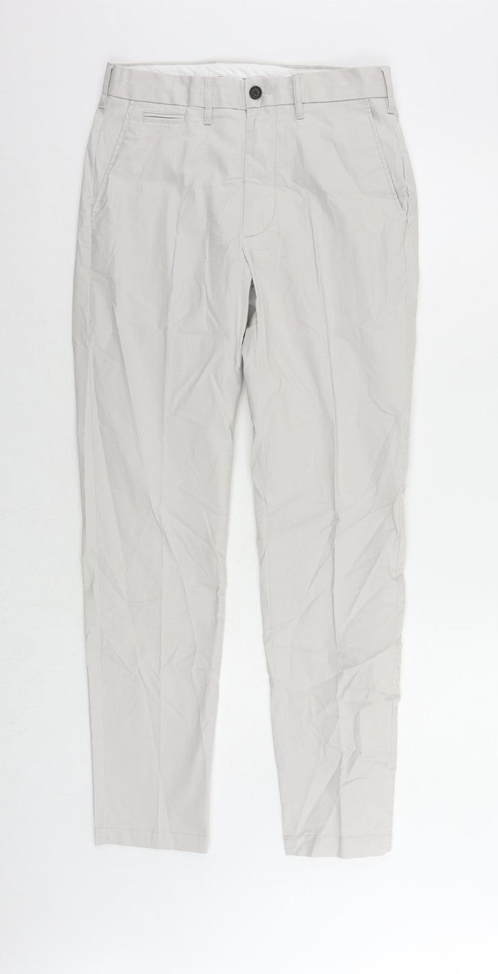 Marks and Spencer Mens Grey Cotton Chino Trousers Size 30 in L31 in Slim Zip