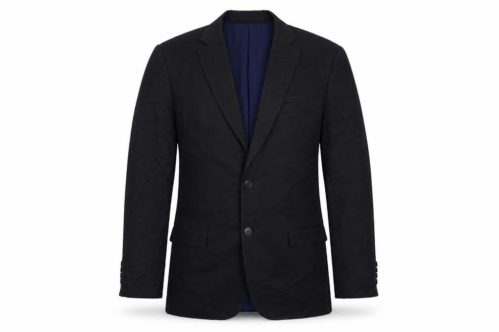 Front view of Marks & Spencer men’s blue polyester jacket suit jacket, size 40, regular