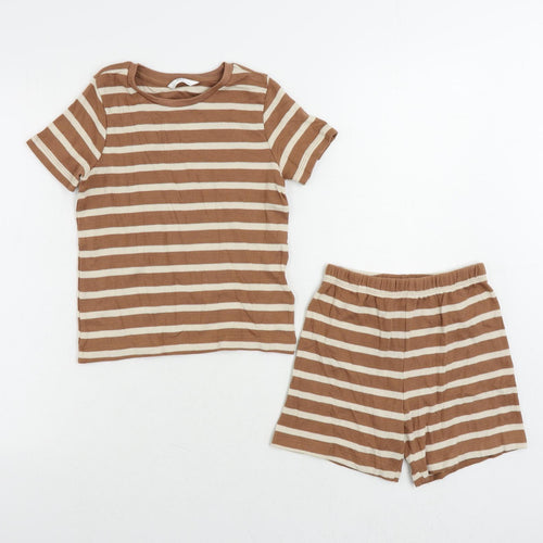 Marks and Spencer Girls Brown Striped Cotton Pullover T-Shirt Size 5-6 Years Crew Neck Pullover - Shorts Set