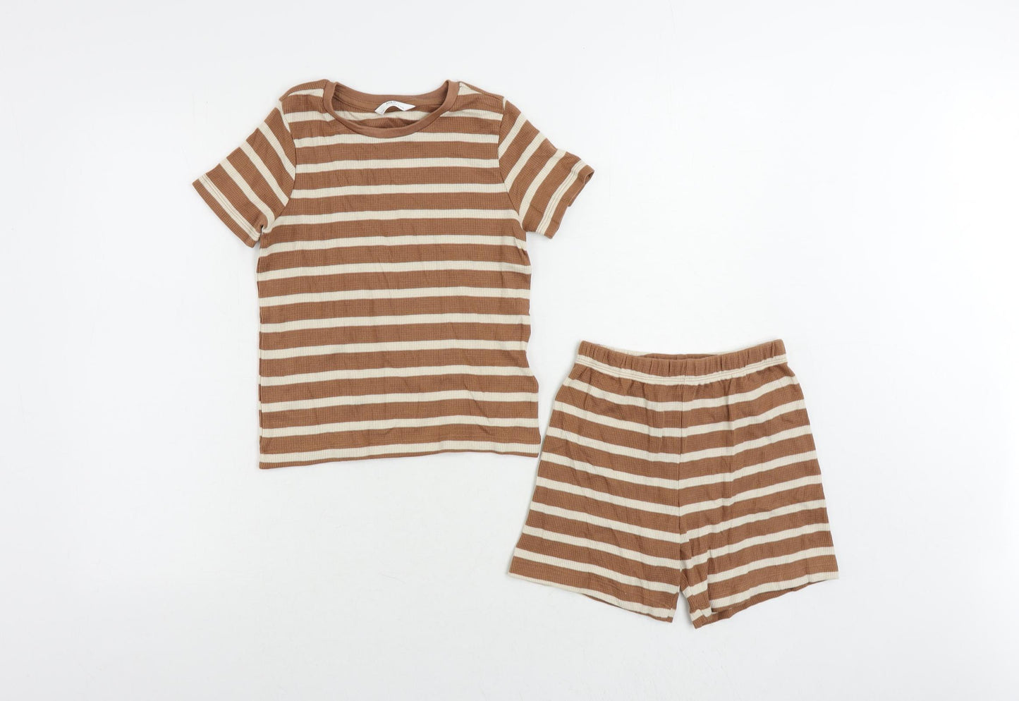 Marks and Spencer Girls Brown Striped Cotton Pullover T-Shirt Size 5-6 Years Crew Neck Pullover - Shorts Set