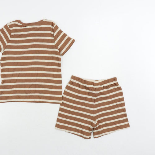 Marks and Spencer Girls Brown Striped Cotton Pullover T-Shirt Size 5-6 Years Crew Neck Pullover - Shorts Set