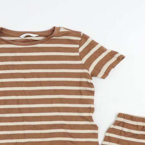 Marks and Spencer Girls Brown Striped Cotton Pullover T-Shirt Size 5-6 Years Crew Neck Pullover - Shorts Set