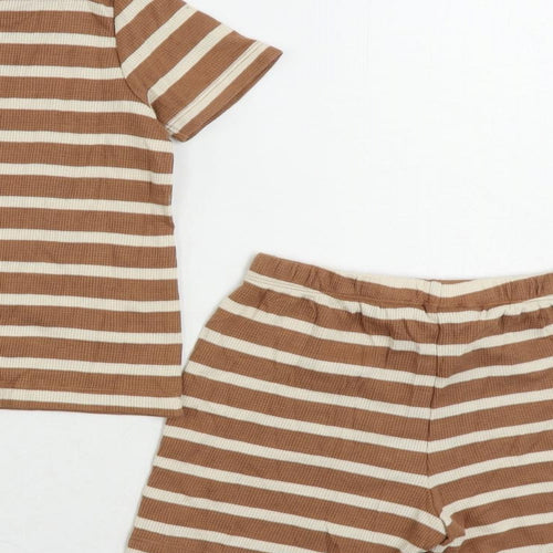 Marks and Spencer Girls Brown Striped Cotton Pullover T-Shirt Size 5-6 Years Crew Neck Pullover - Shorts Set