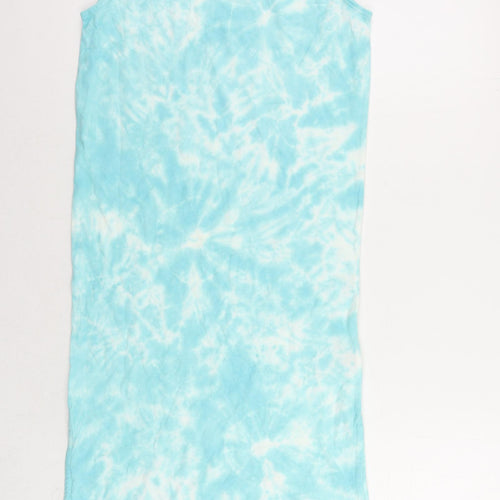 Marks and Spencer Girls Blue Tie Dye Cotton Tank Dress Size 8-9 Years Crew Neck Pullover