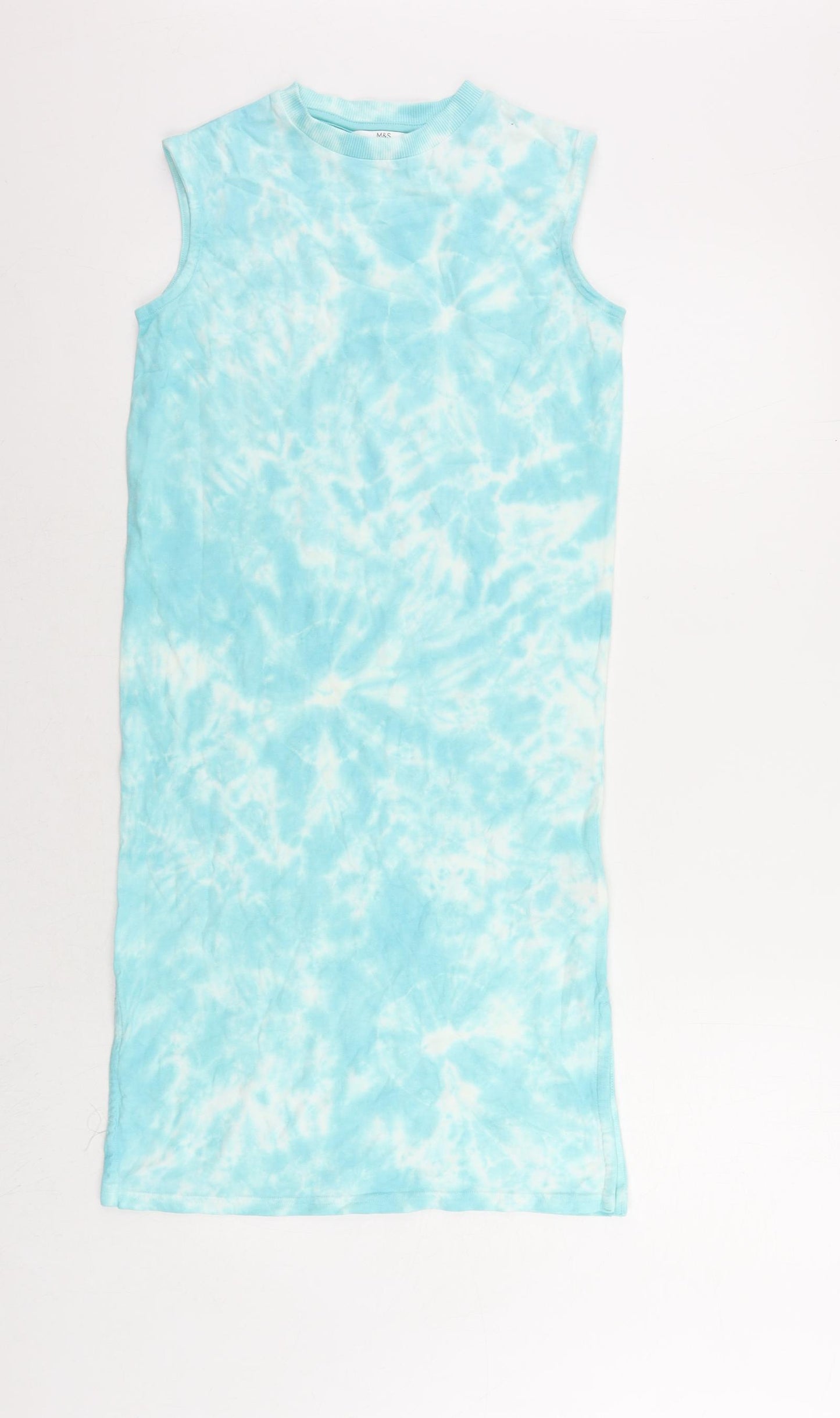 Marks and Spencer Girls Blue Tie Dye Cotton Tank Dress Size 8-9 Years Crew Neck Pullover