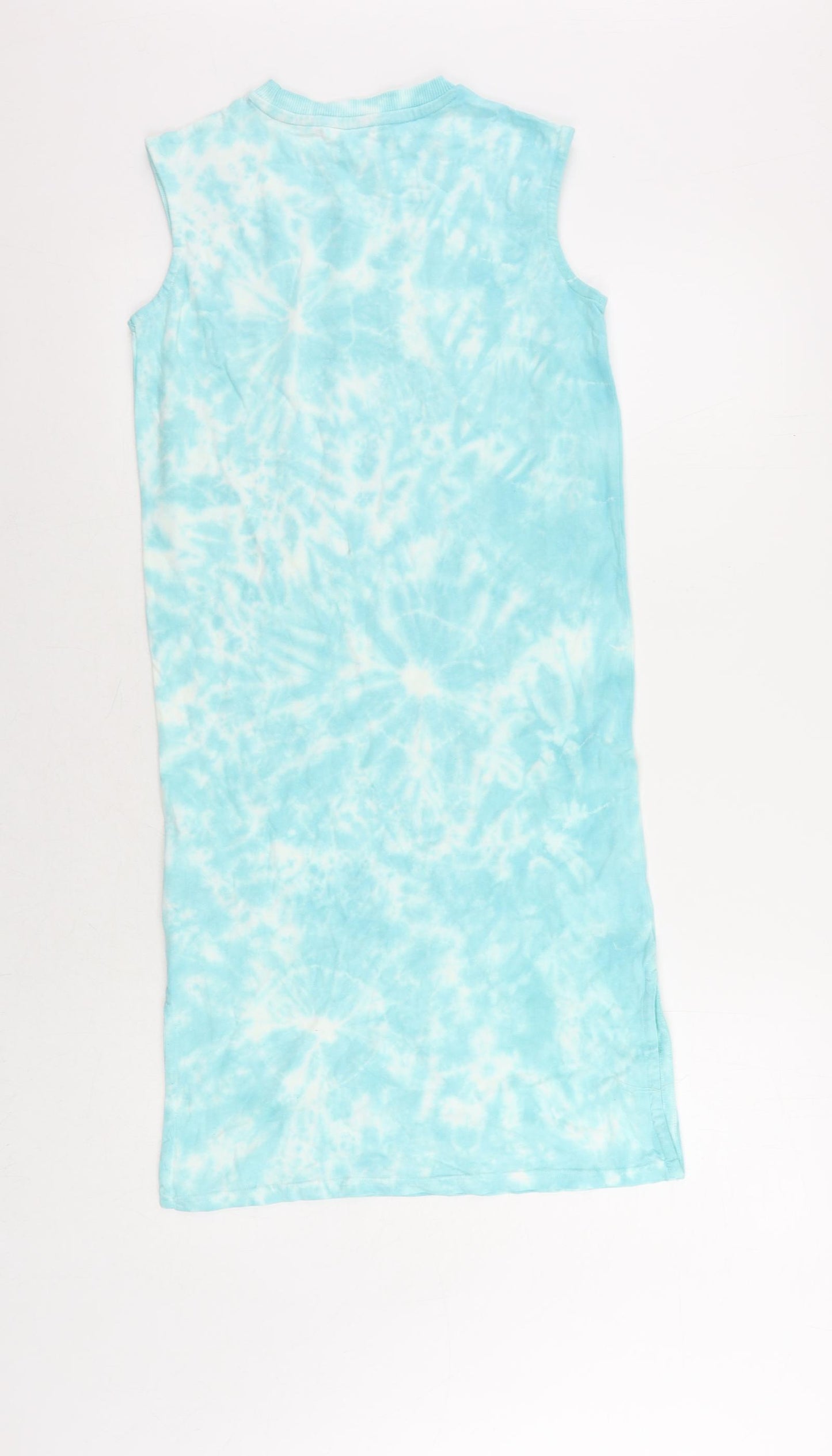 Marks and Spencer Girls Blue Tie Dye Cotton Tank Dress Size 8-9 Years Crew Neck Pullover