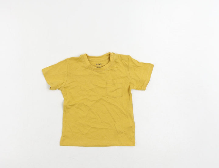 Marks and Spencer Baby Yellow Cotton Pullover T-Shirt Size 9-12 Months Crew Neck Snap