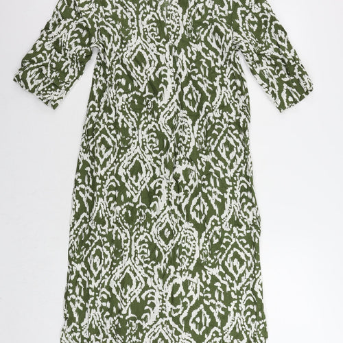 Marks and Spencer Womens Green Geometric Linen A-Line Size 8 V-Neck Pullover